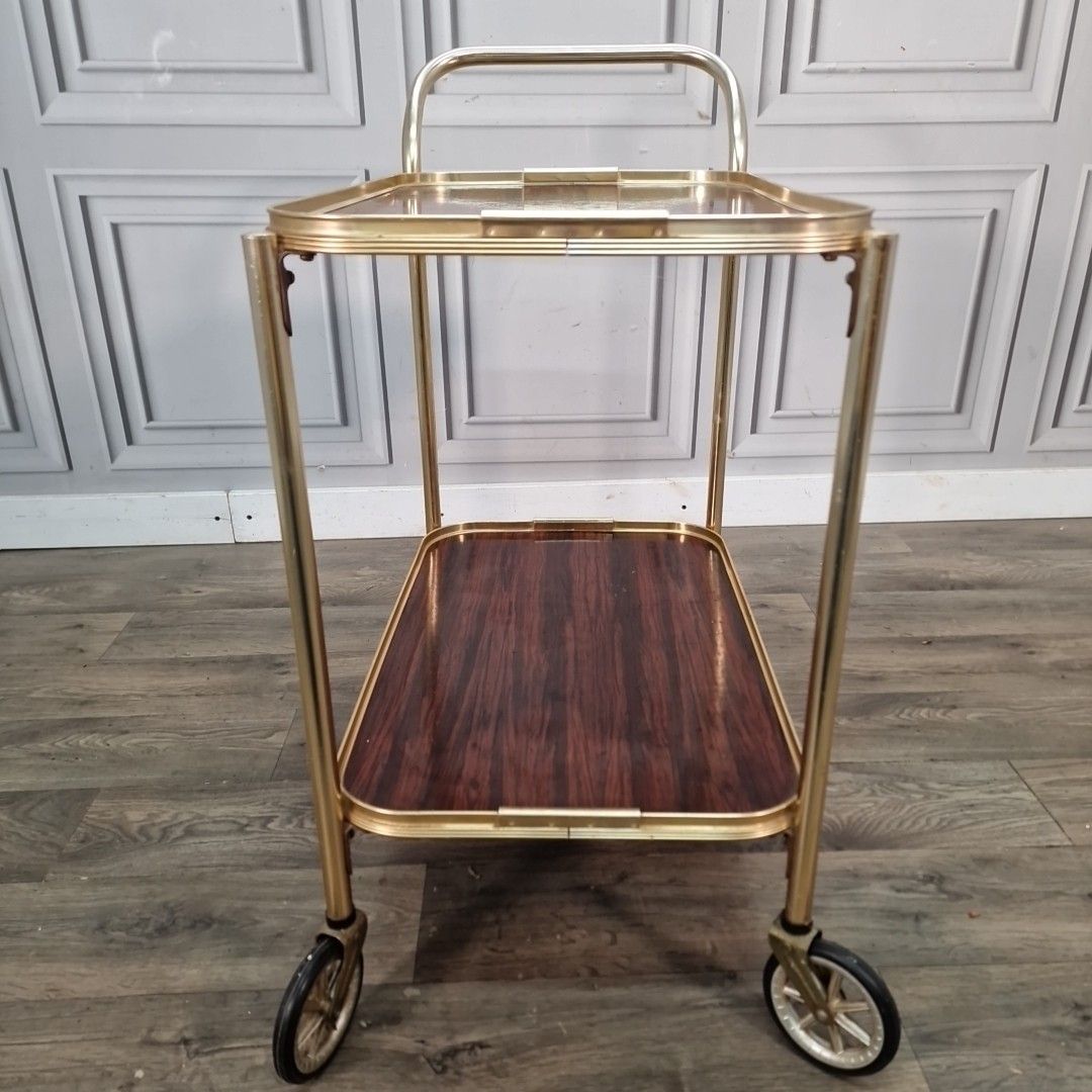 photo vinterior Vintage Drinks Tea Trolley Gold Metal Wood Effect Cocktail Cart Mid Century