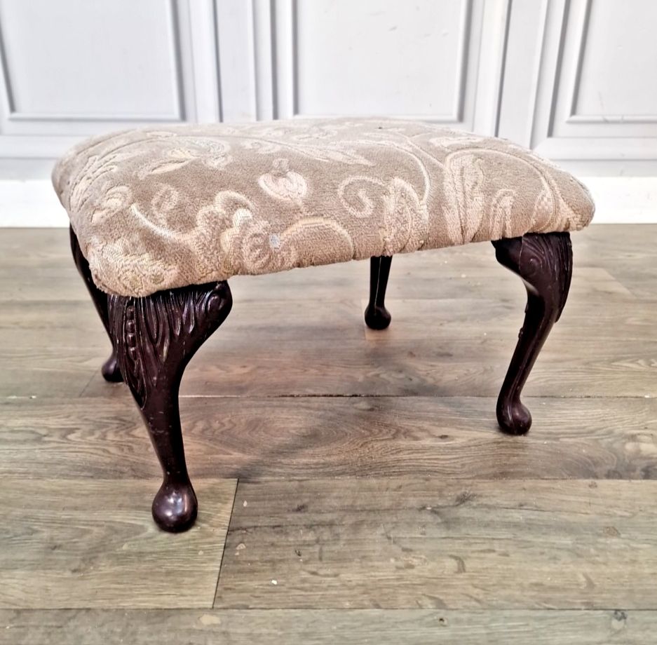 Vintage Compact Footstool Upholstered  Queen Anne Style Fireside Stool Retro
