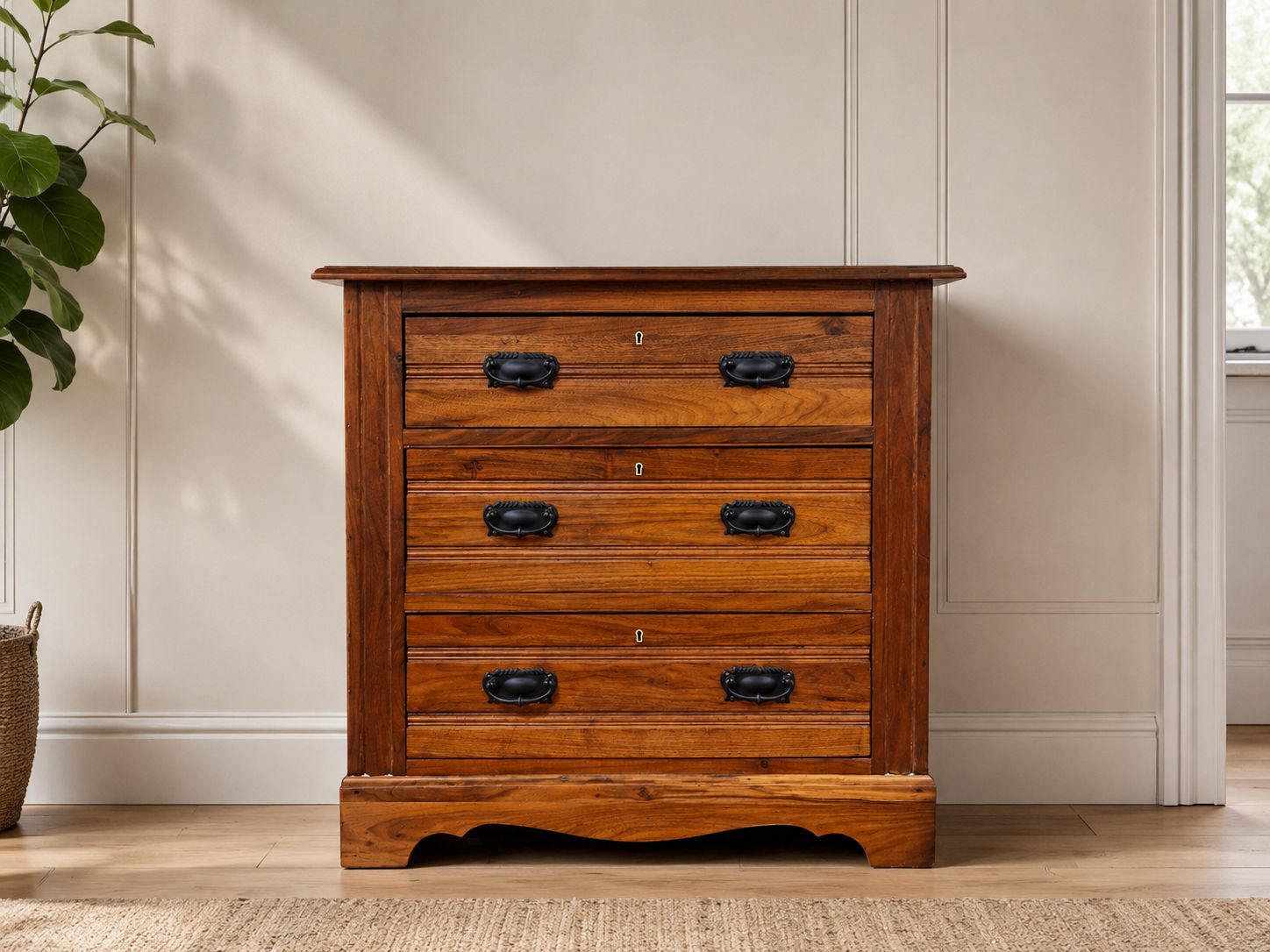 Vintage Solid Walnut Chest Of Drawers – 4 Drawers, Restored With Black Handles photo for sale
