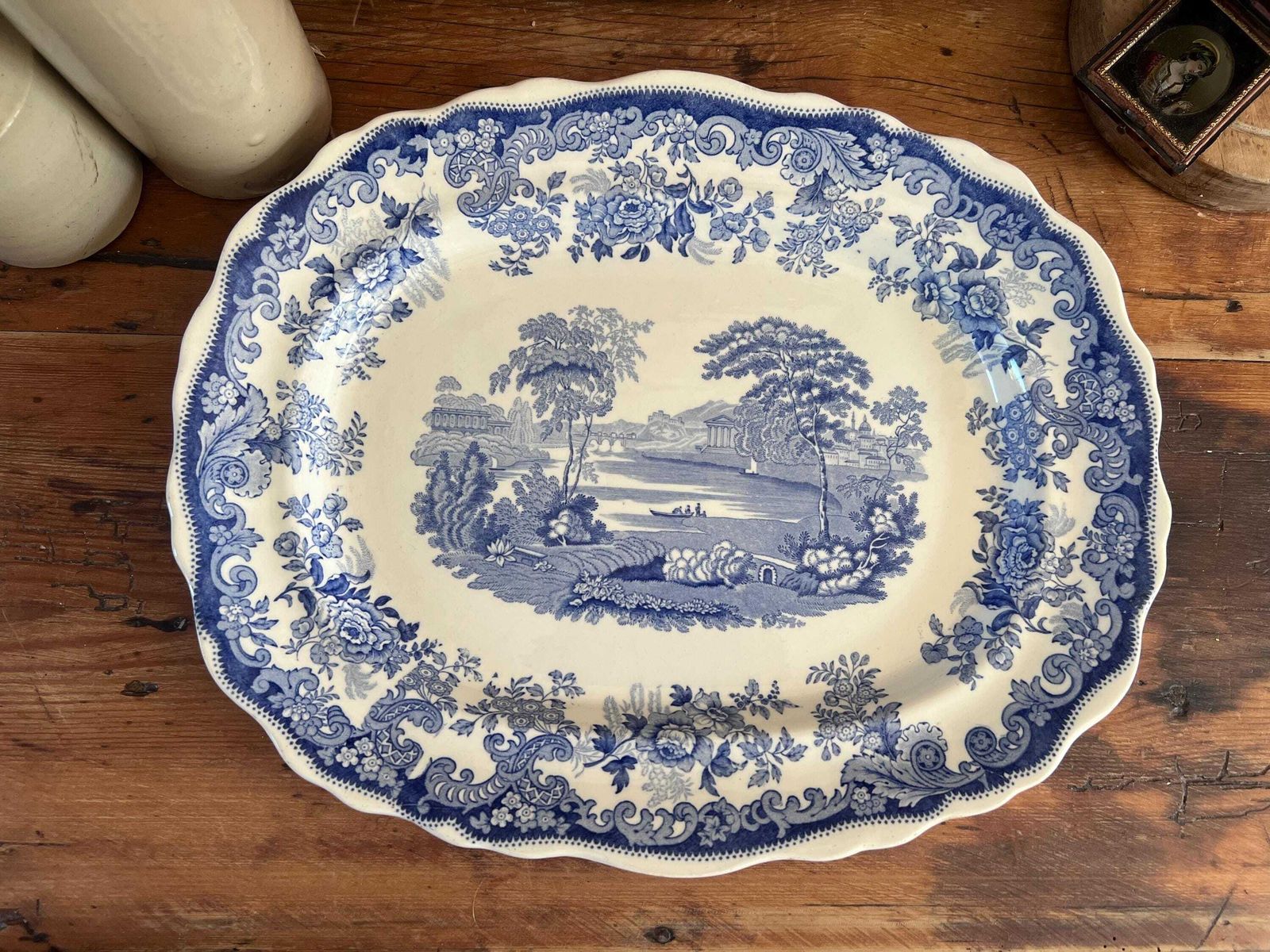 Antique Copeland Spode "Rhine" Platter | Large Blue And White Transferware Serving Meat Dish, Double Date Stamped Farmhouse Kitchen Decor photo furniture