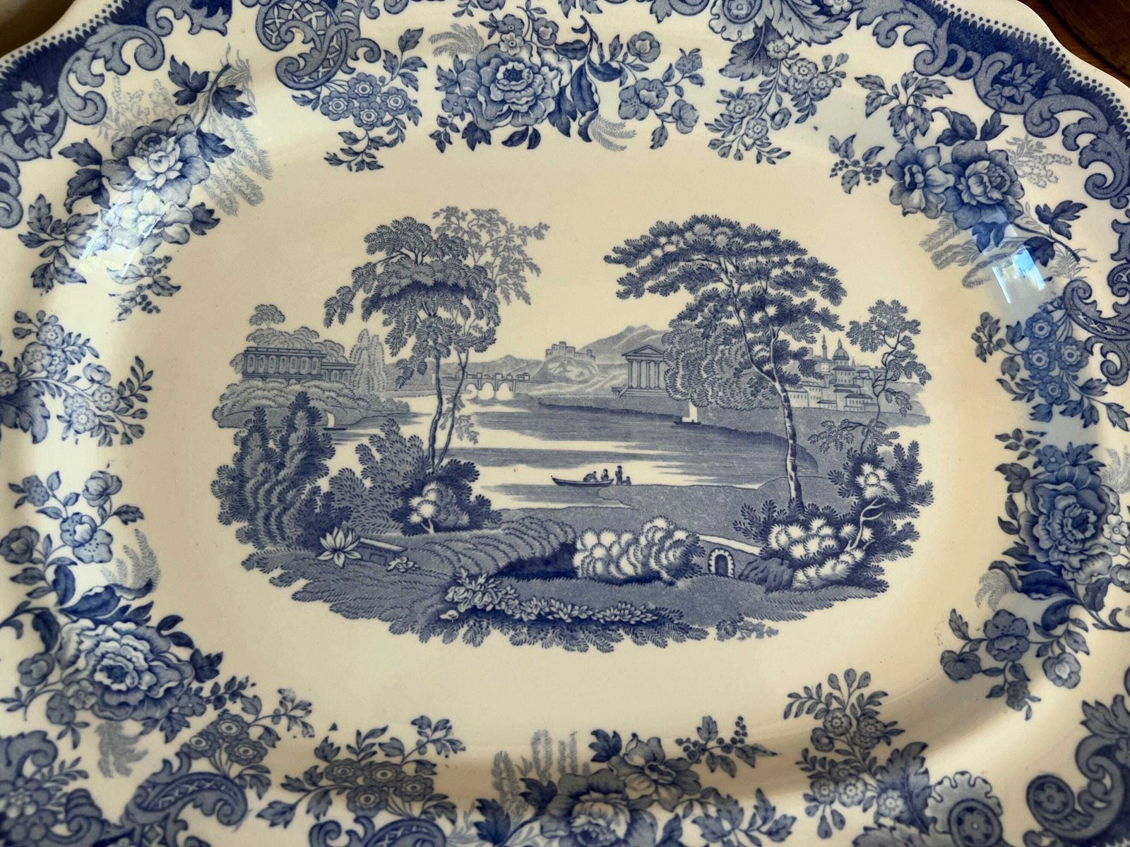 Antique Copeland Spode "Rhine" Platter | Large Blue And White Transferware Serving Meat Dish, Double Date Stamped Farmhouse Kitchen Decor photo for sale