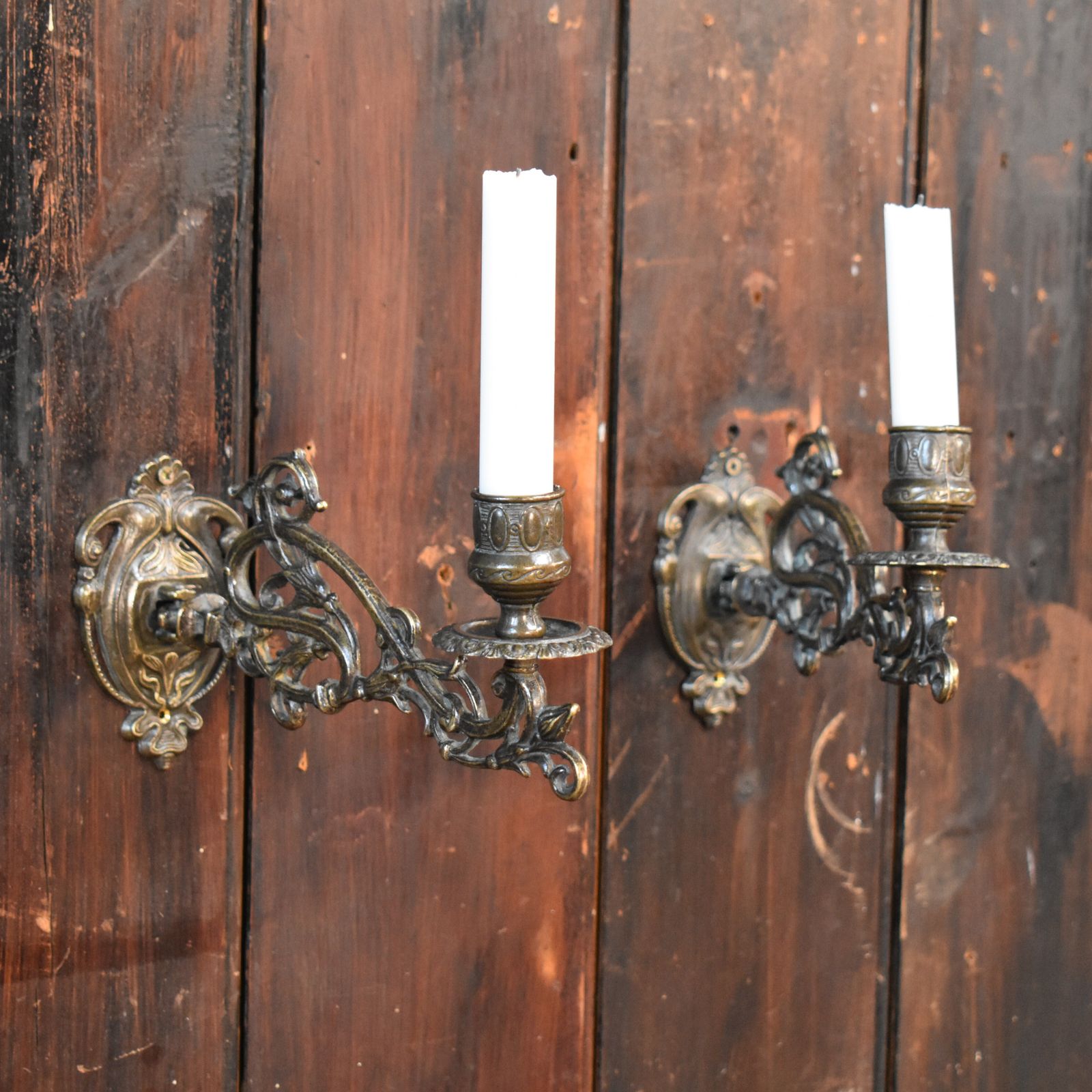 Antique Ornate Cast Brass Salvaged Piano Candle Sconces Wall Candlesticks Pair photo Home Decor