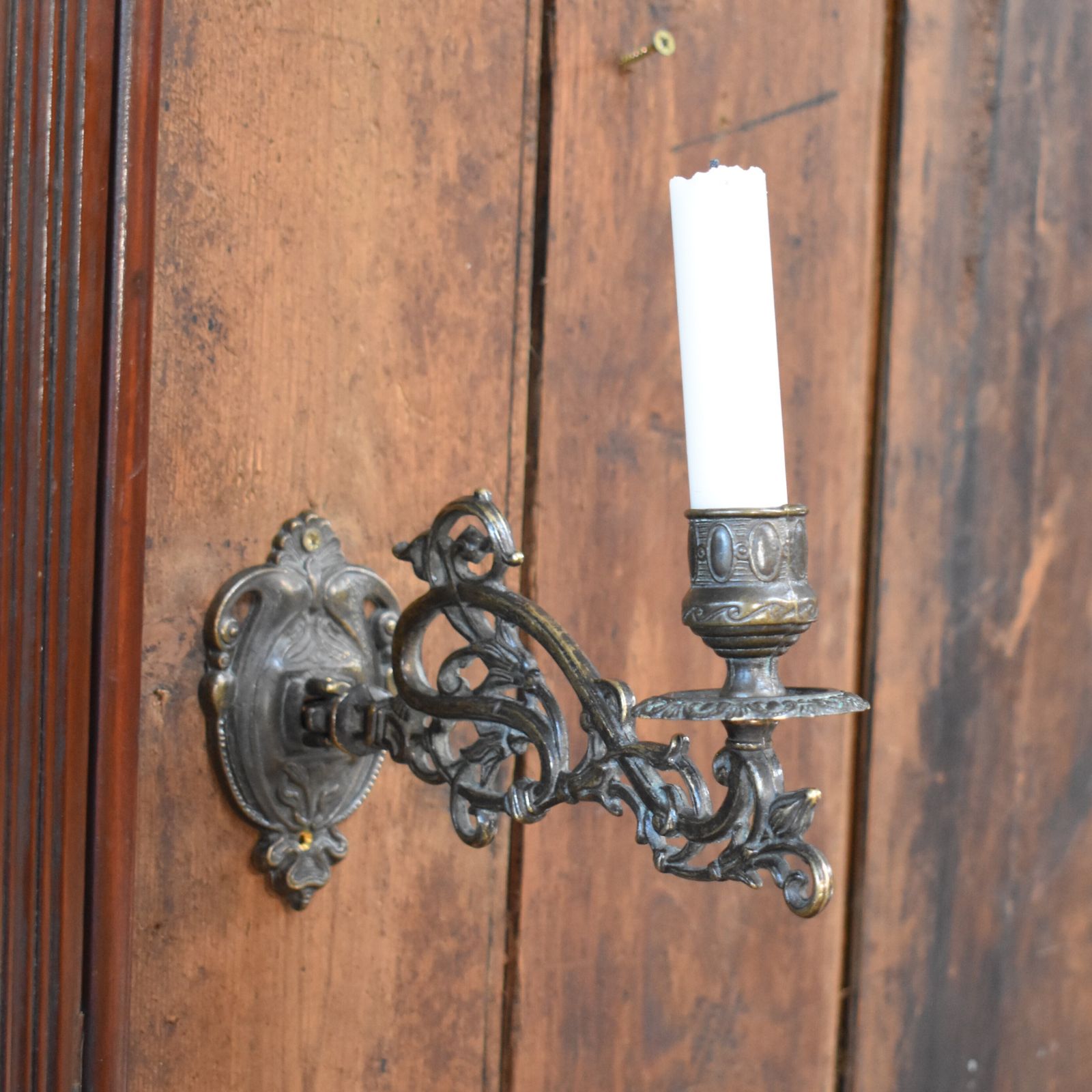 Antique Ornate Cast Brass Salvaged Piano Candle Sconces Wall Candlesticks Pair photo vintage