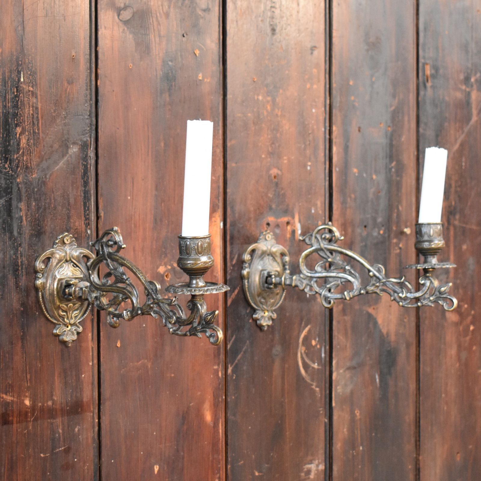 photo furniture Antique Ornate Cast Brass Salvaged Piano Candle Sconces Wall Candlesticks Pair