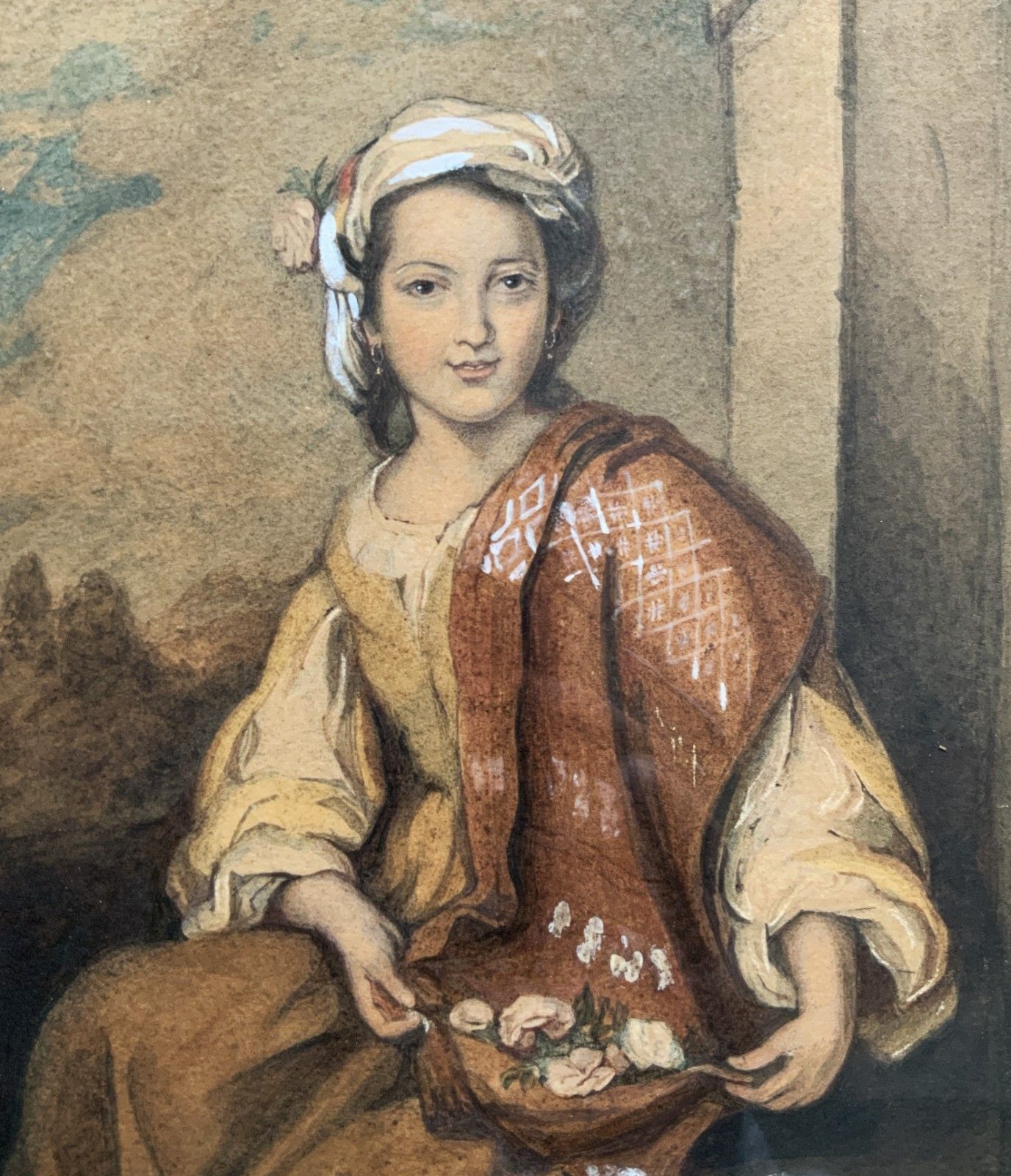 The Flower Girl Spanish Baroque Watercolour Portrait Painting 17th Century Style photo vinterior