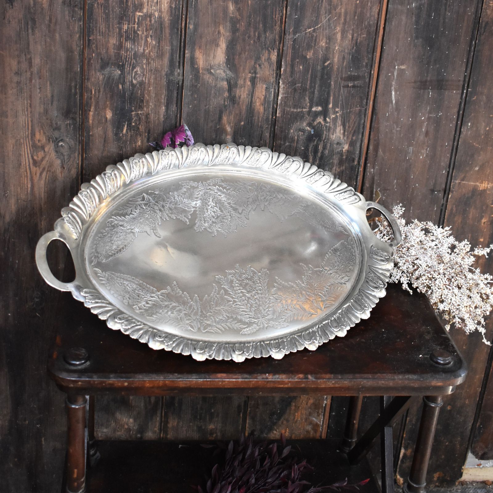 Antique Walker And Hall Engraved Fern Leaf Country House Butlers Serving Tray photo furniture