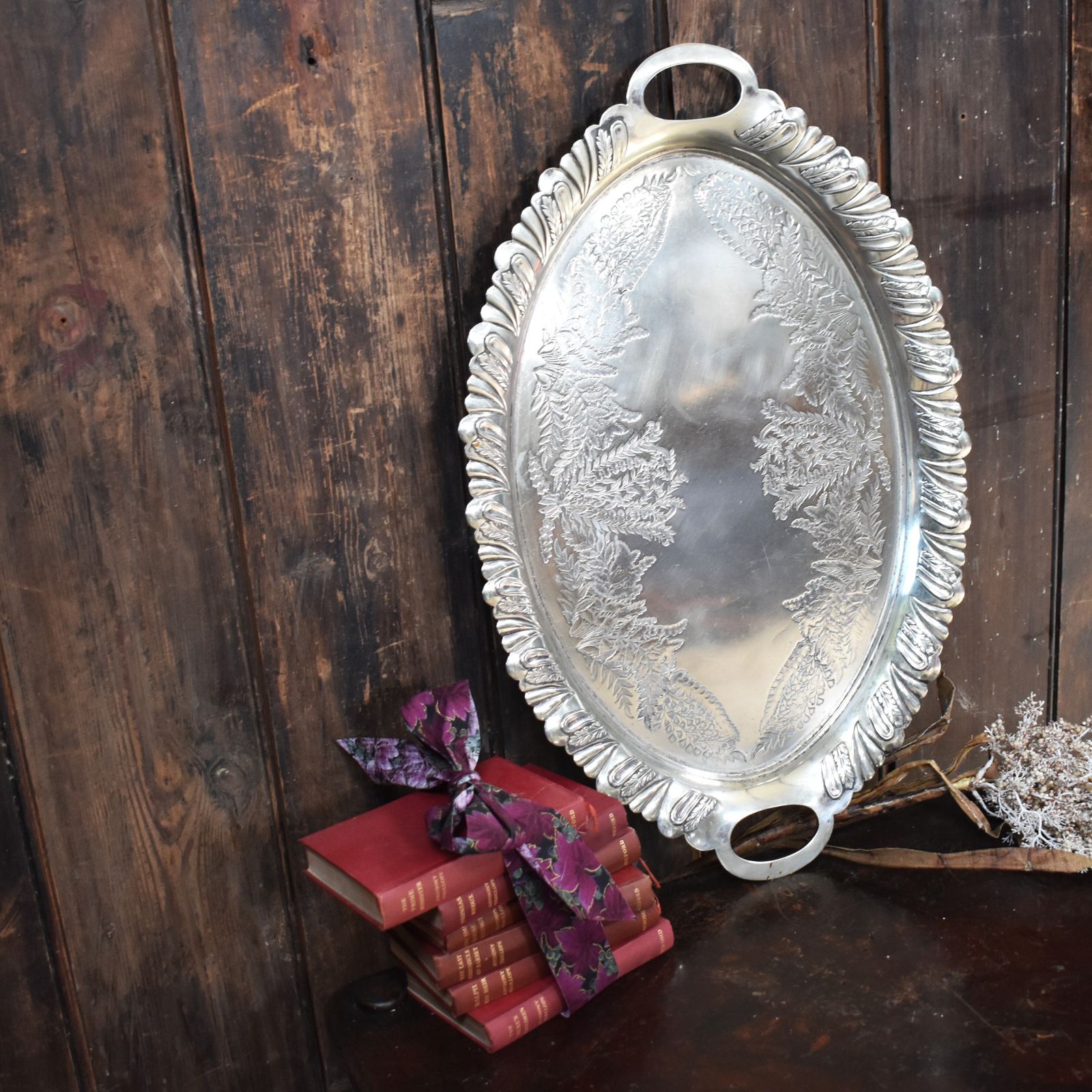 photo furniture Antique Walker And Hall Engraved Fern Leaf Country House Butlers Serving Tray