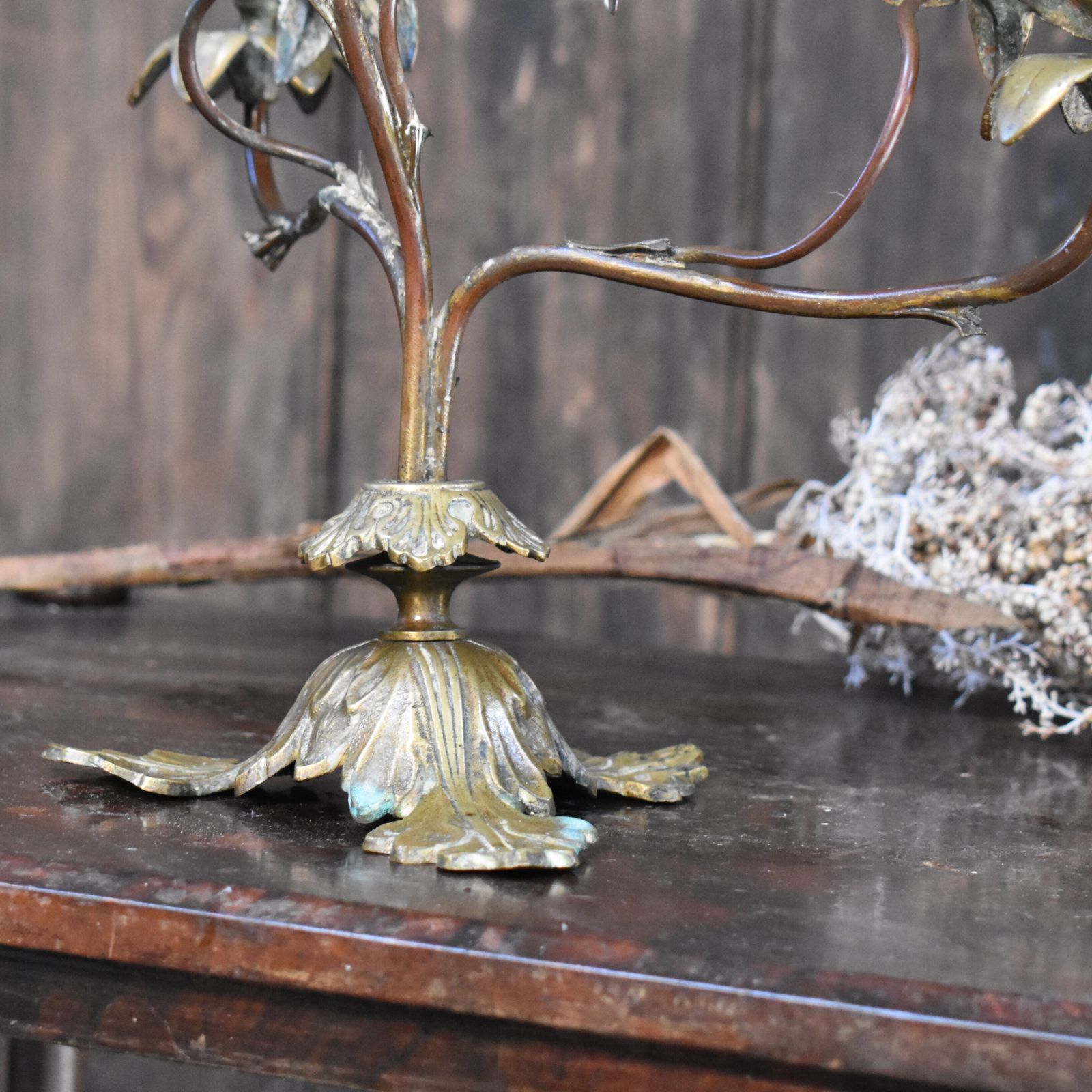 photo furniture Antique 19th Century French Gilt Metal Tole Floral Three Arm Church Candelabra