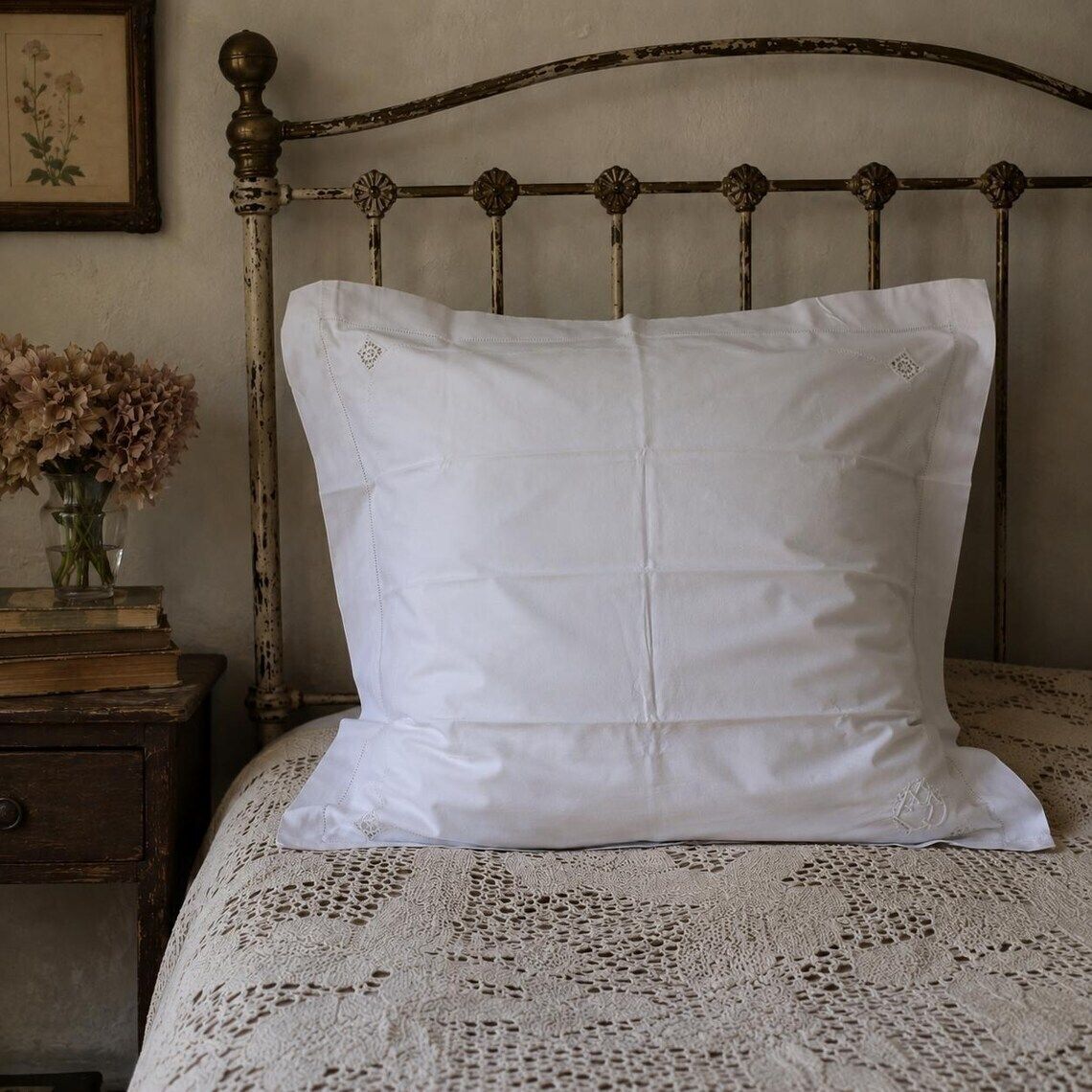 Large French Antique Pillowcase Square White Cotton Embroidered Cushion Cover