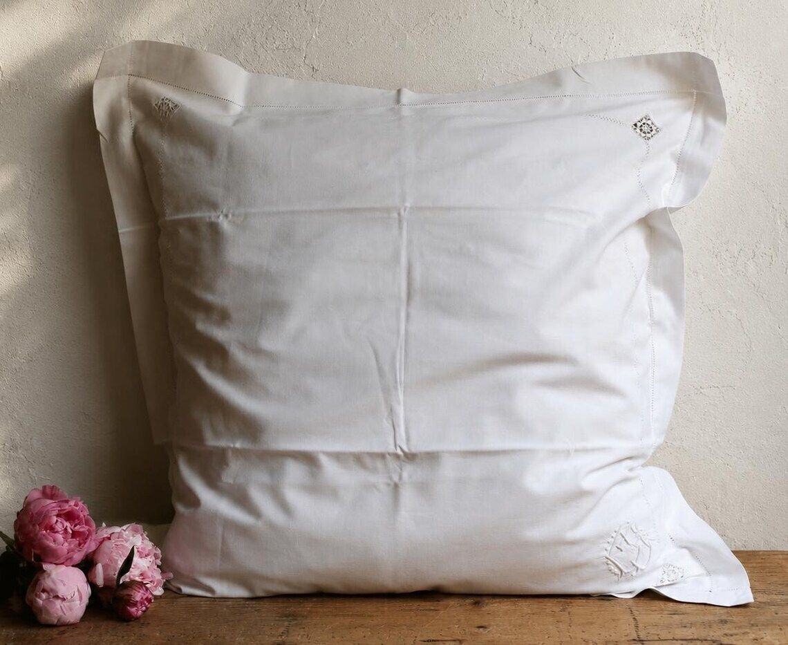 Large French Antique Pillowcase Square White Cotton Embroidered Cushion Cover photo for sale