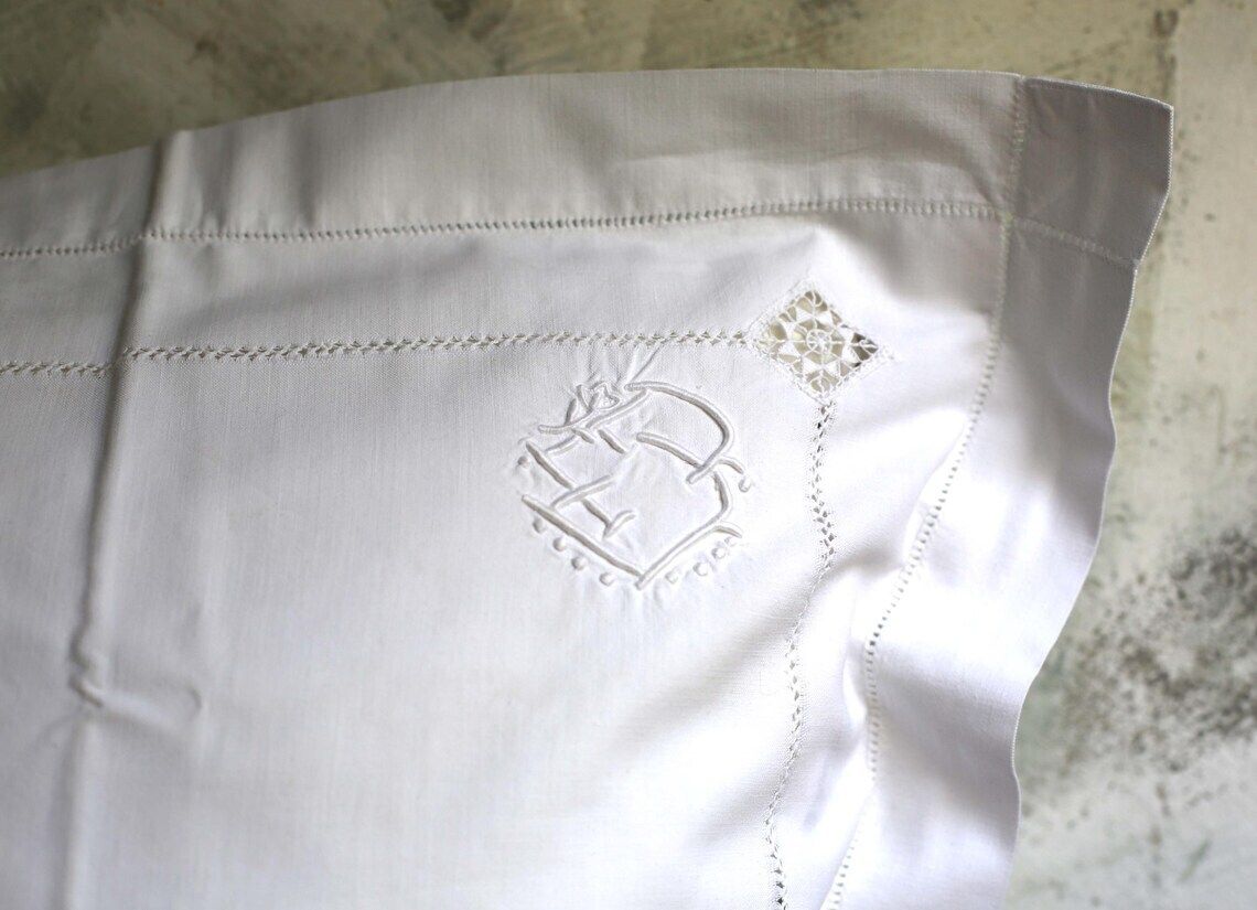 Large French Antique Pillowcase Square White Cotton Embroidered Cushion Cover photo Textiles
