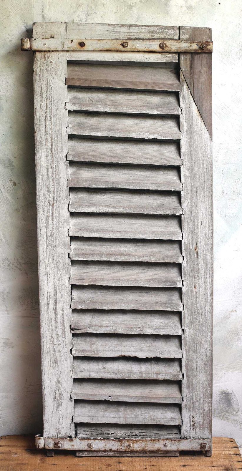 Antique French Wooden Louvres Shutter Old Distressed Door Rustic White Painted Slatted Tall Panel Architectural Salvage Backdrop photo furniture