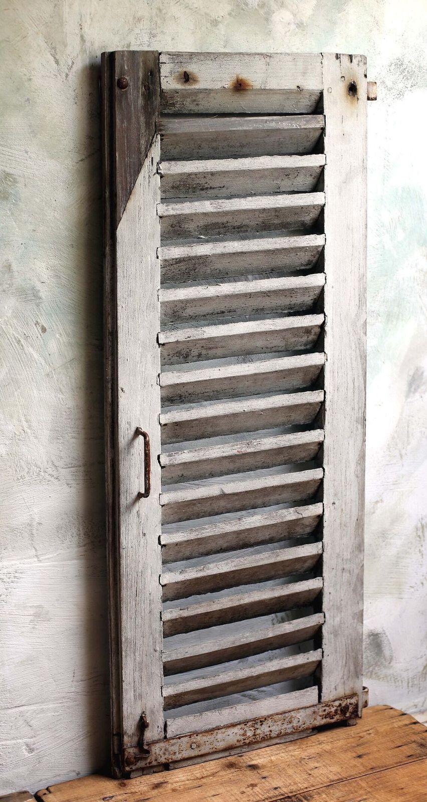 Antique French Wooden Louvres Shutter Old Distressed Door Rustic White Painted Slatted Tall Panel Architectural Salvage Backdrop photo for sale
