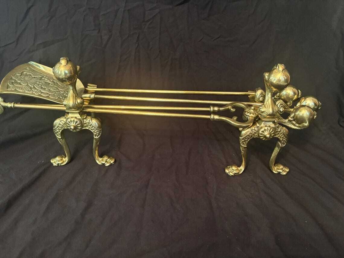 Antique Gilt Brass Fire Tool Set Ball & Claw Poker Tongs Shovel Chenets Or Dogs