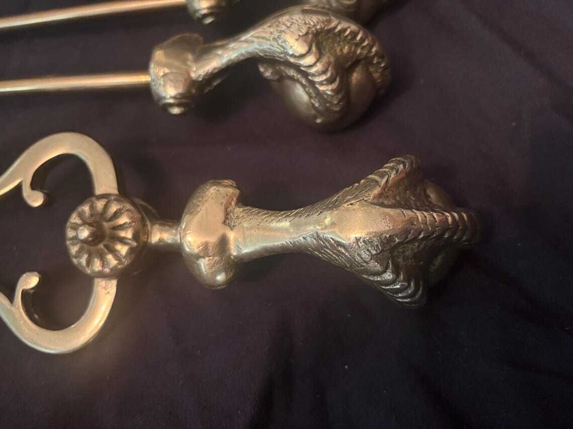 Antique Gilt Brass Fire Tool Set Ball & Claw Poker Tongs Shovel Chenets Or Dogs photo vinterior