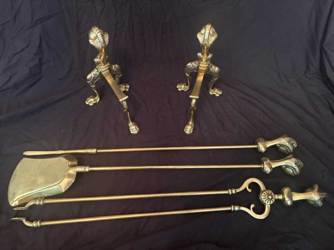 Antique Gilt Brass Fire Tool Set Ball & Claw Poker Tongs Shovel Chenets Or Dogs photo buy