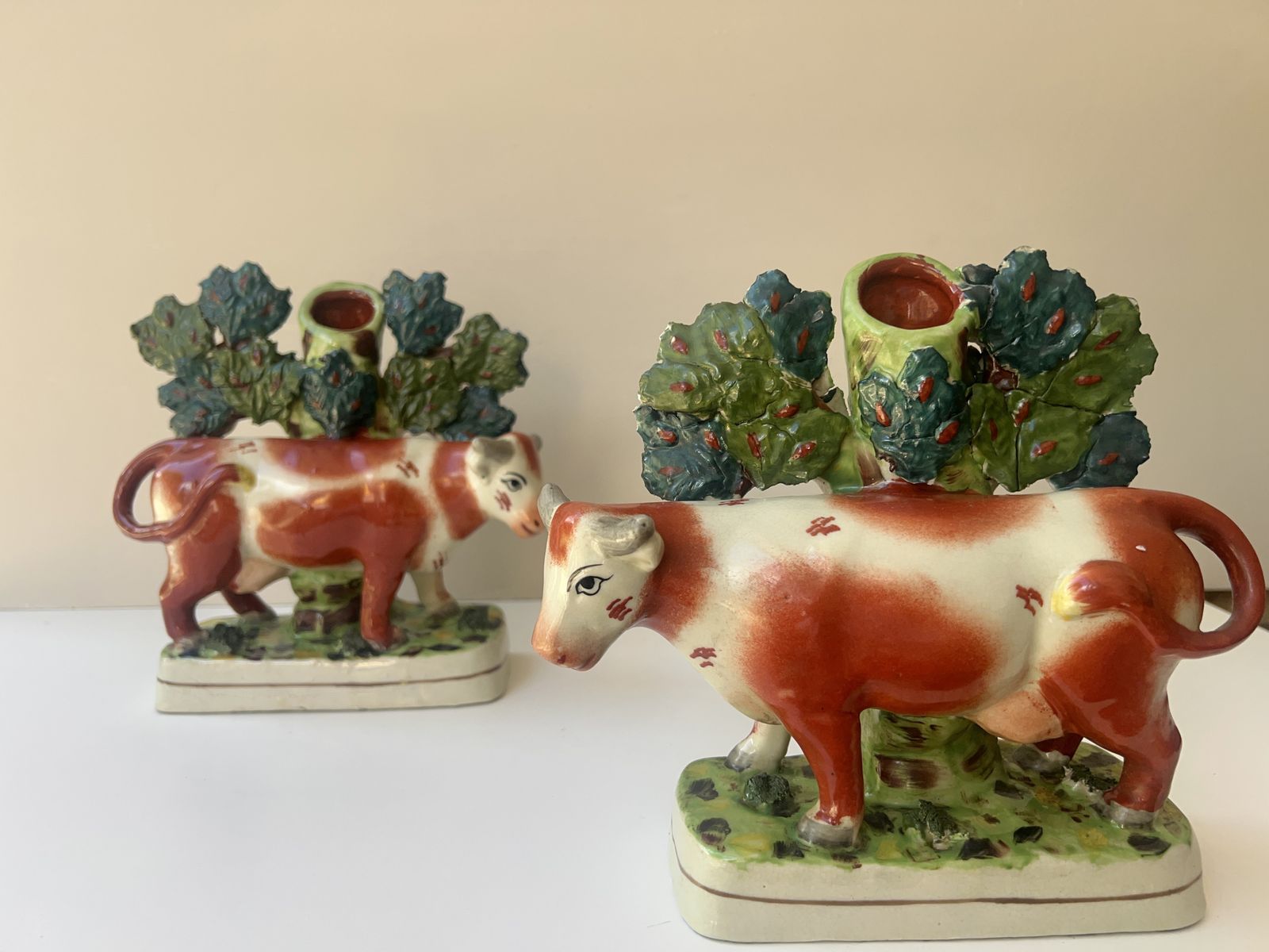Victorian Staffordshire Cow Spill Vase Pair C.1850–1880 photo for sale