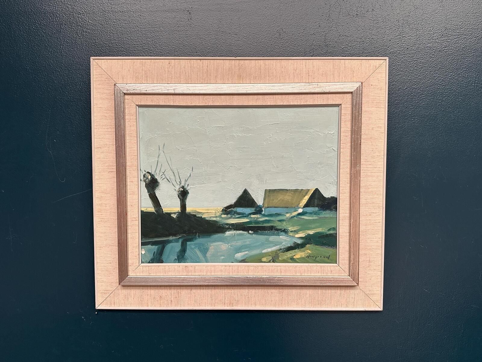 Original Swedish Oil On Canvas – “Farm By The Lake” By Bengt Hillgrund – Vintage & Framed – 58 × 51 Cm (22.8" × 20.1")