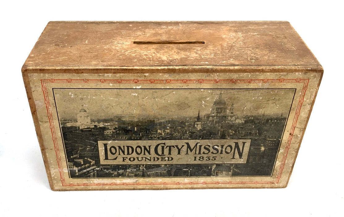 Antique London City Missionary Society Collection Money Box Missions To Men 1965 photo for sale