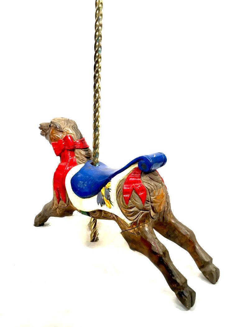 Antique Salvaged Fairground Ride Merry Go Round Wooden Carved Horse & Brass Pole photo vinterior