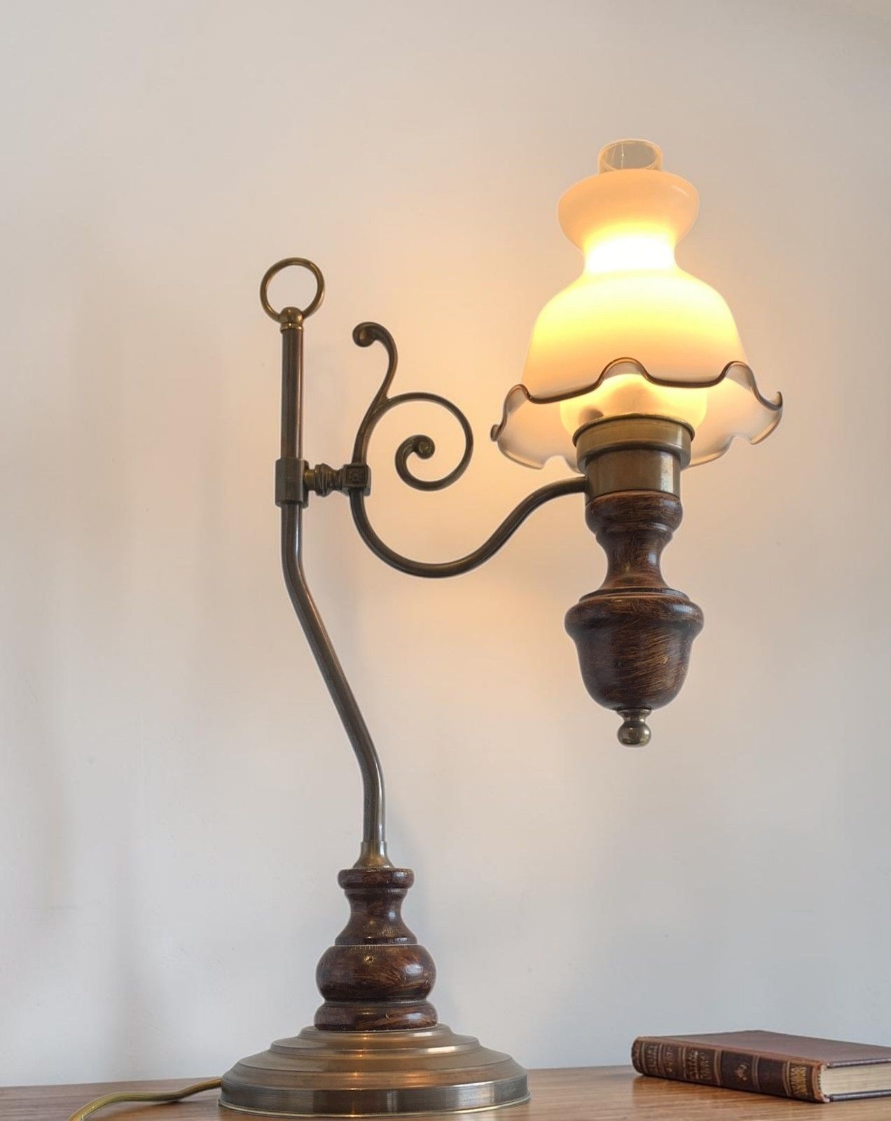 Vintage Art Nouveau "Student" Style Brass & Wood Table Lamp With Glass Shade photo vinterior