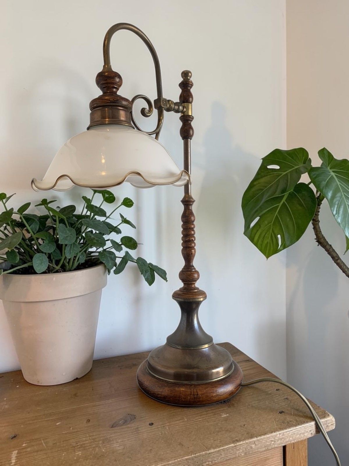 Vintage Art Nouveau Style Brass & Turned Wood Table Lamp With Glass Shade photo Lighting