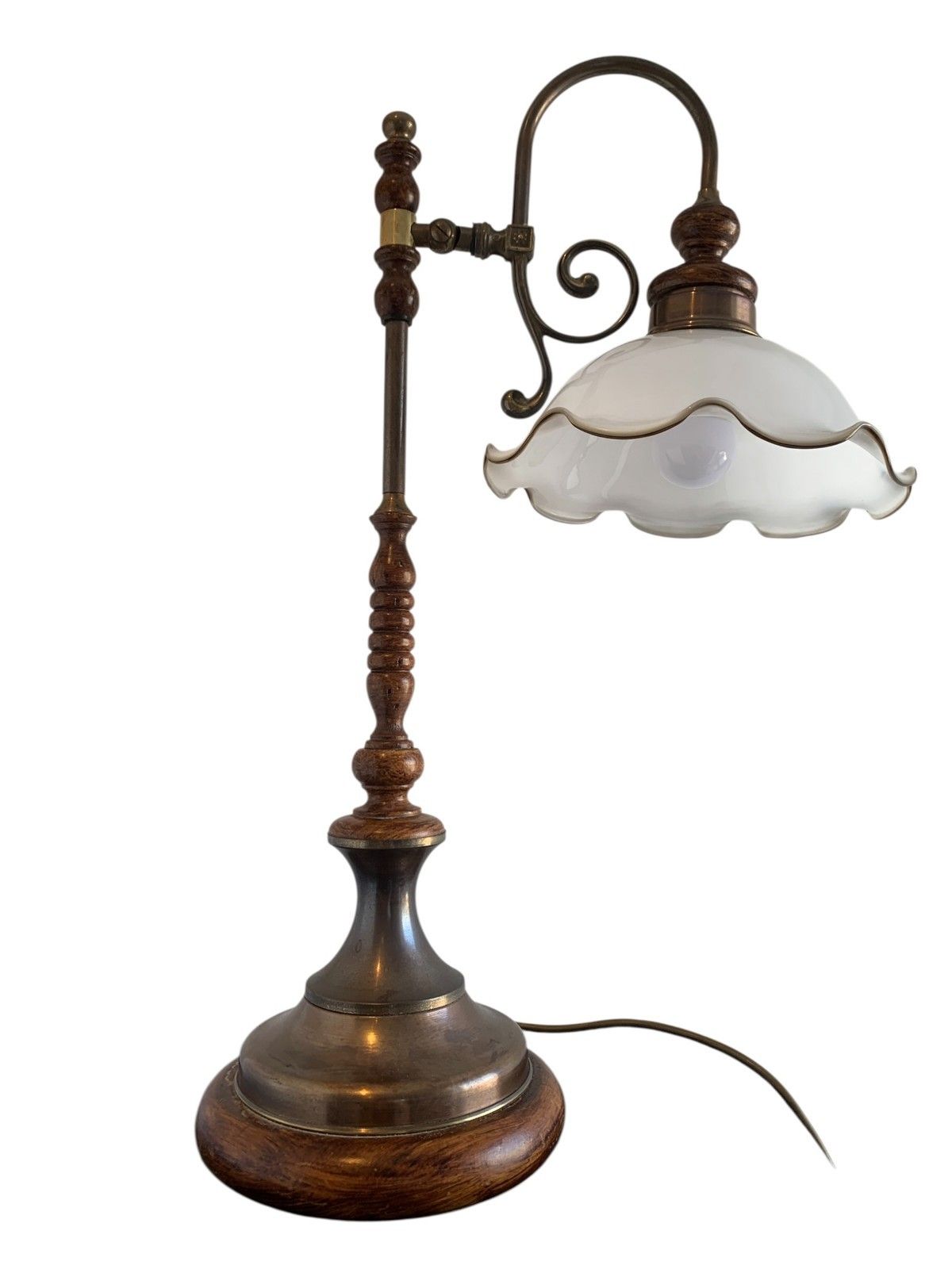Vintage Art Nouveau Style Brass & Turned Wood Table Lamp With Glass Shade photo vintage