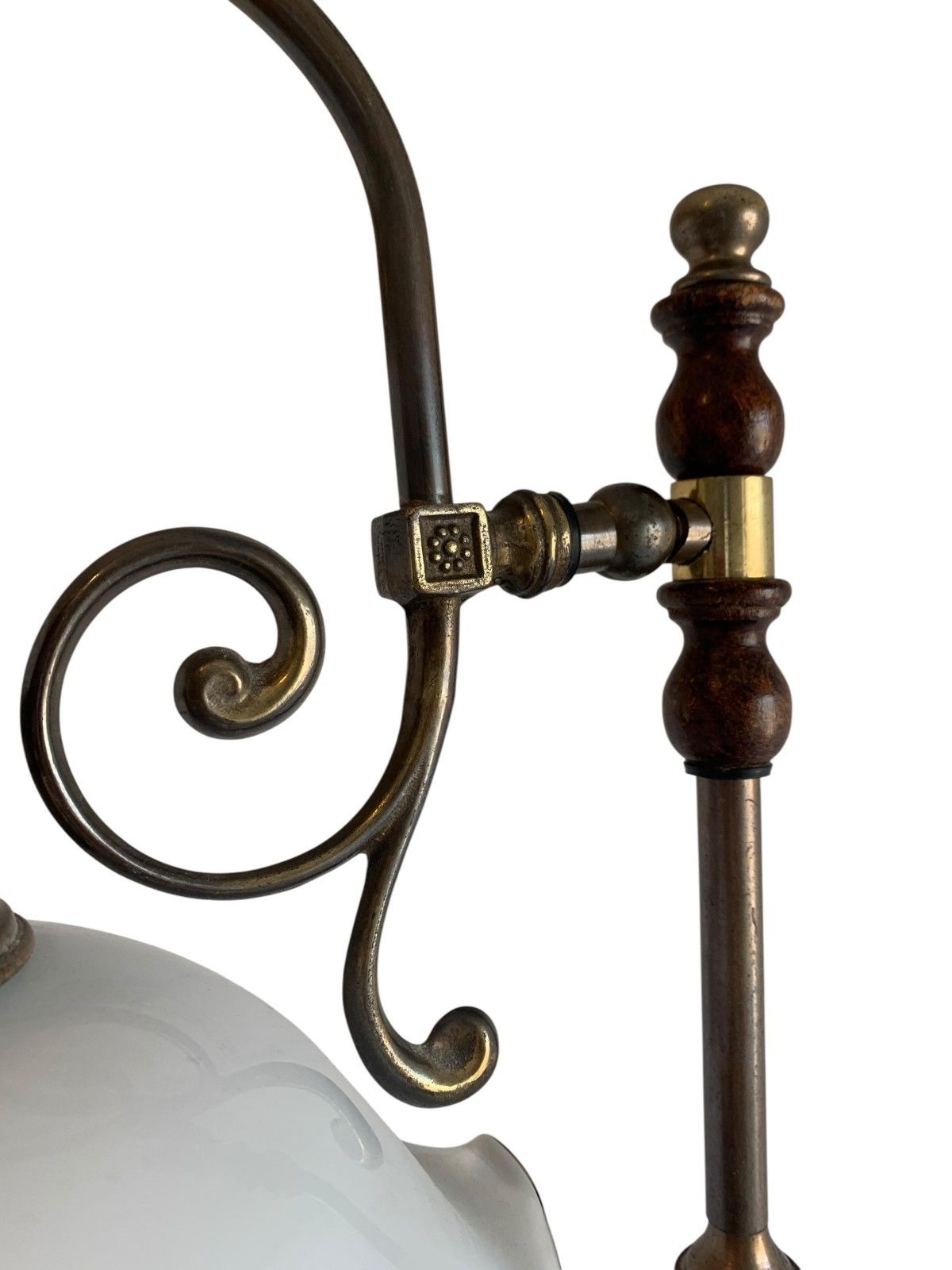 photo for sale Vintage Art Nouveau Style Brass & Turned Wood Table Lamp With Glass Shade