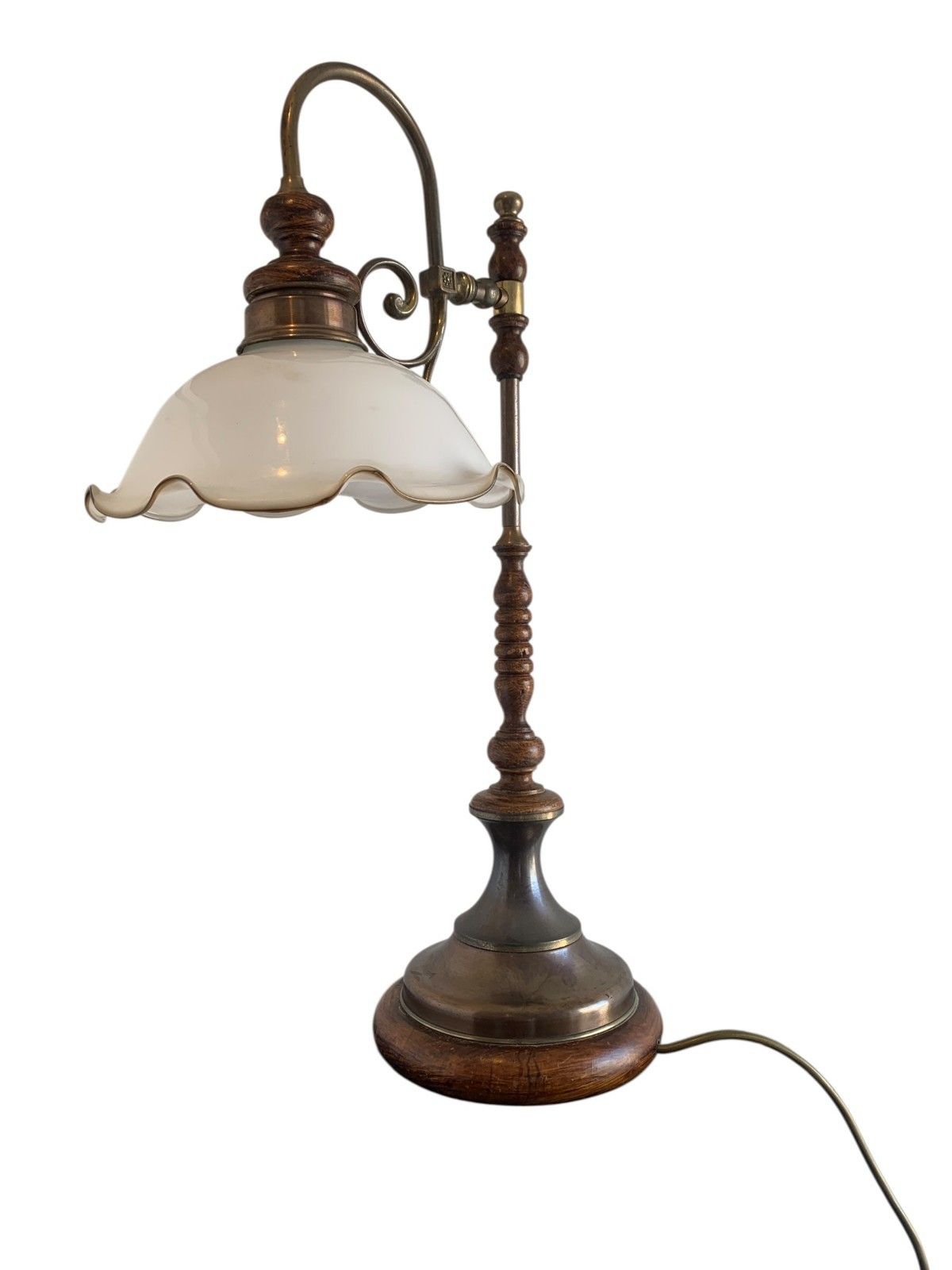 photo buy Vintage Art Nouveau Style Brass & Turned Wood Table Lamp With Glass Shade
