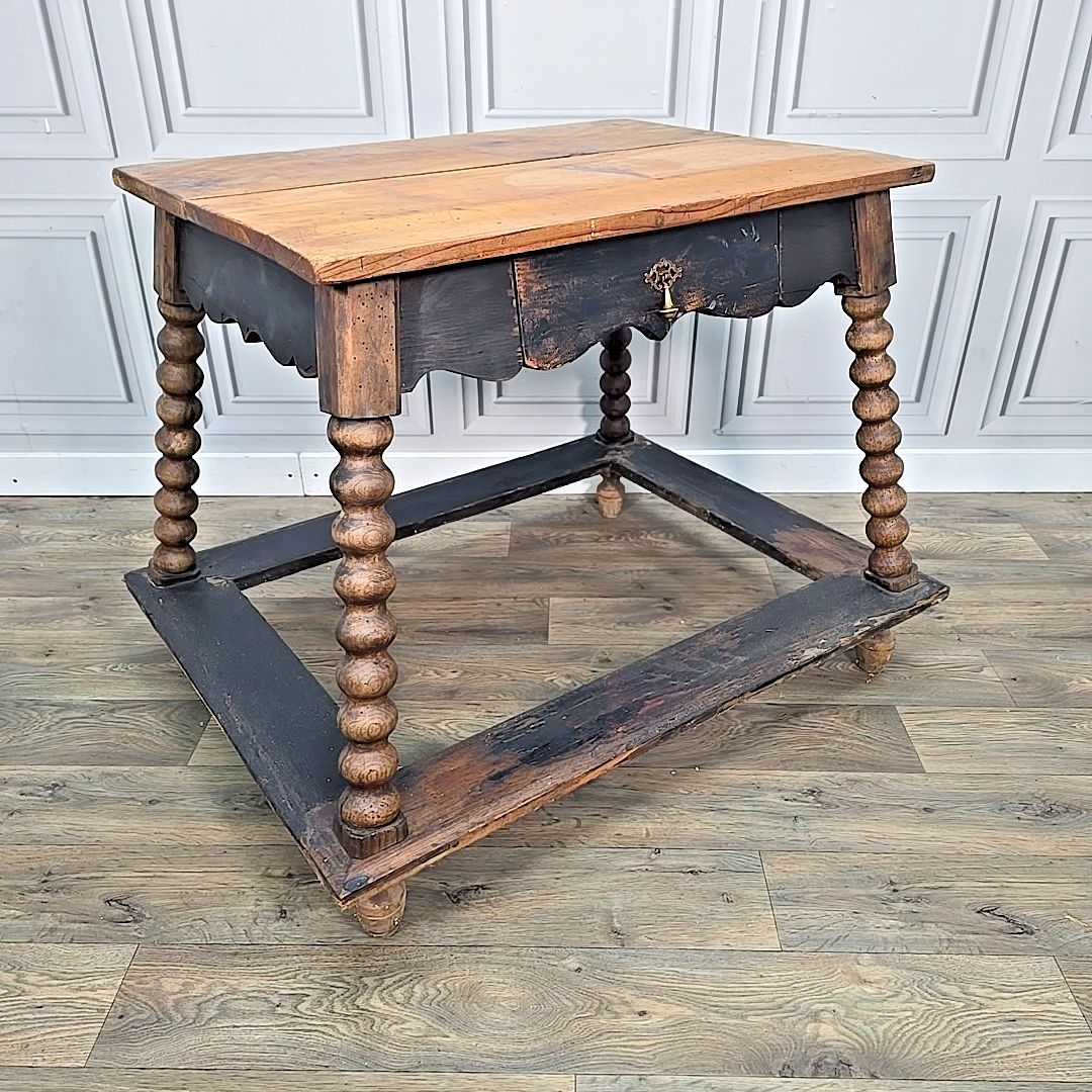 Antique Spanish Payment Table  Solid Wood Bankers Lamp Hall Drawer Bobbin Legs