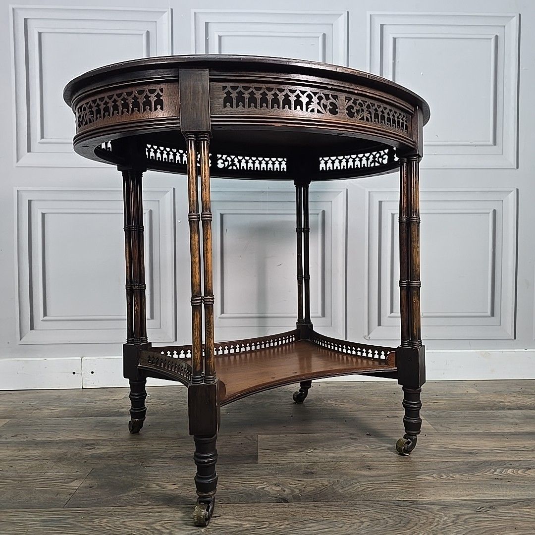 Antique Mahogany Occasional Table – Faux Bamboo Aesthetic Wood Pierced Fretwork photo for sale