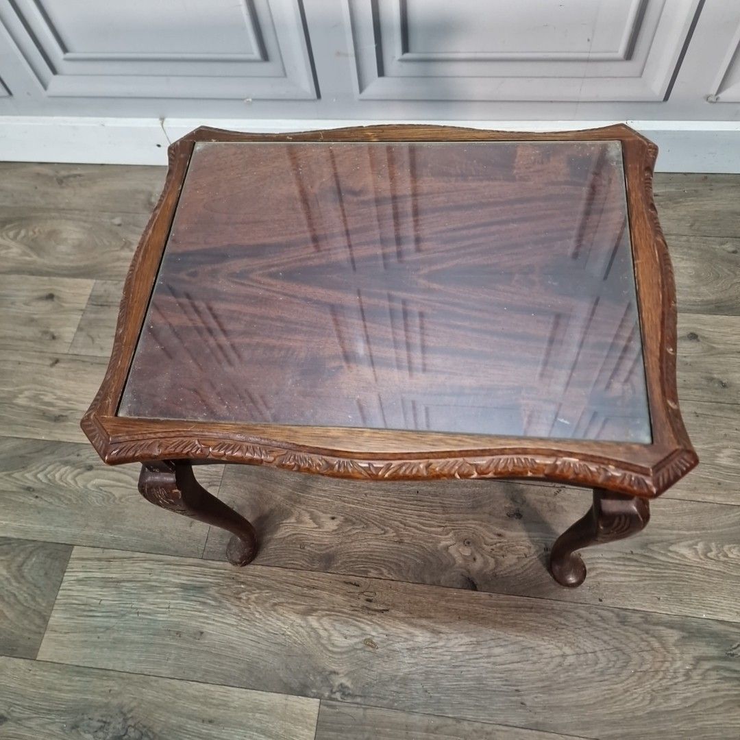 Pair Antique Style Tables Carved Wooden Side Bedside Cabriole Legs Glass Tops photo buy