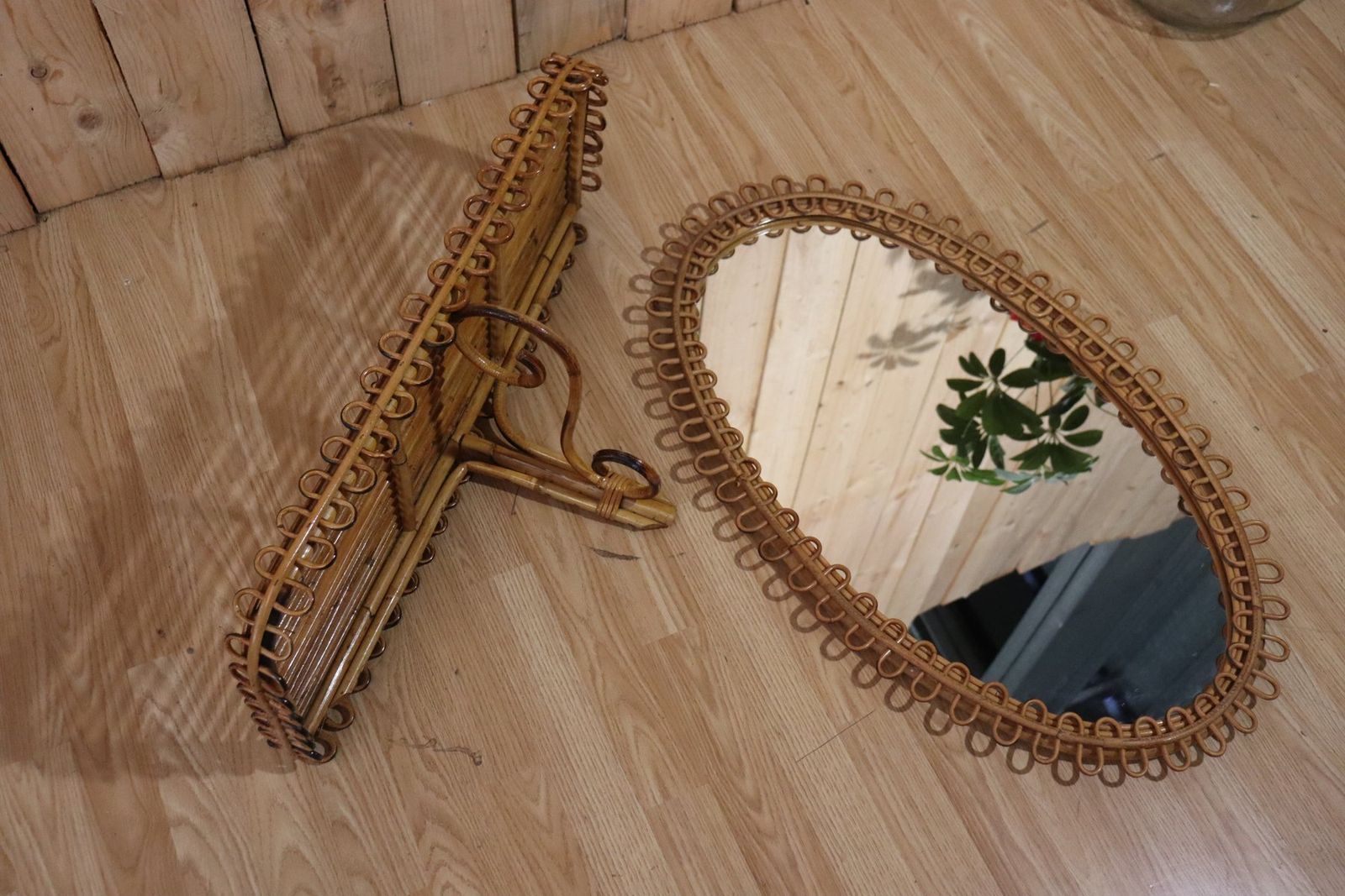 Home Decor Mirror With Rattan Side Table In The Style Of Franco Albini, 1950, Set Of 2 photo