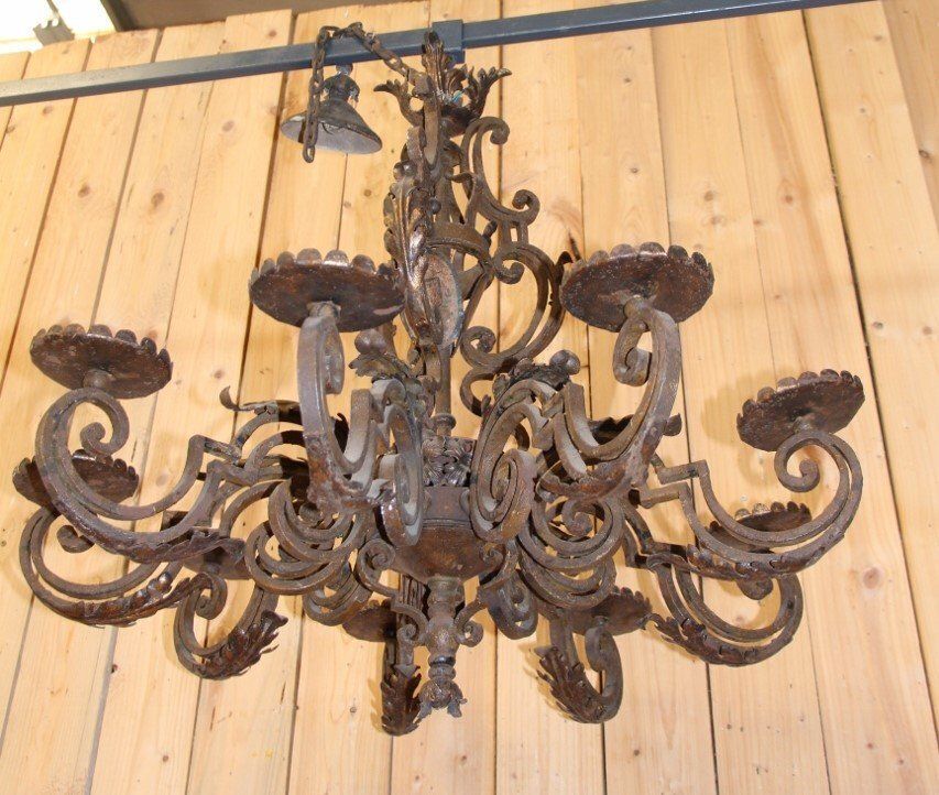 19th Century Wrought Iron Chandelier With Coat Of Arms