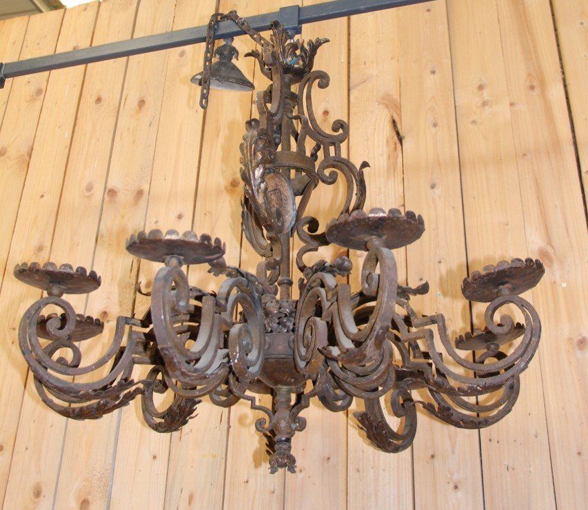 19th Century Wrought Iron Chandelier With Coat Of Arms photo Lighting