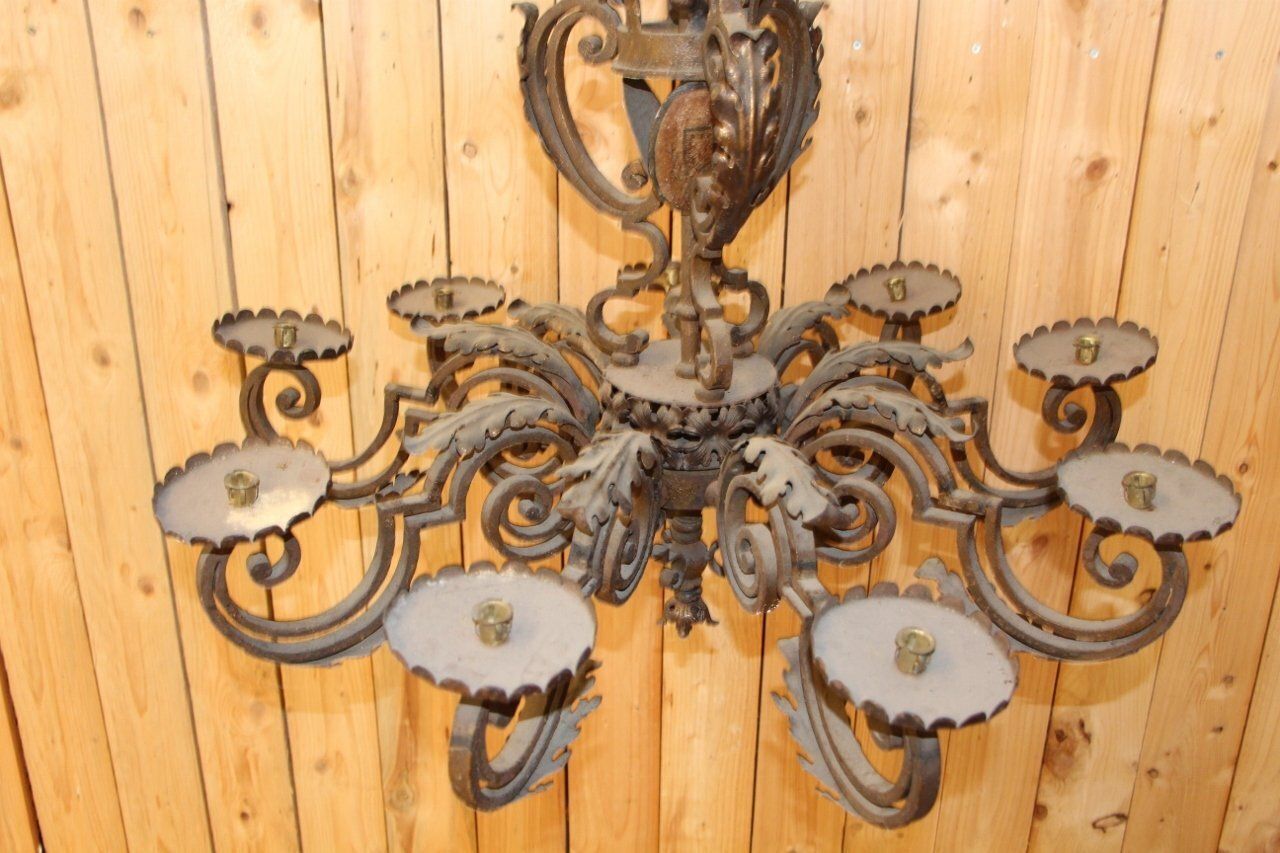 photo for sale 19th Century Wrought Iron Chandelier With Coat Of Arms