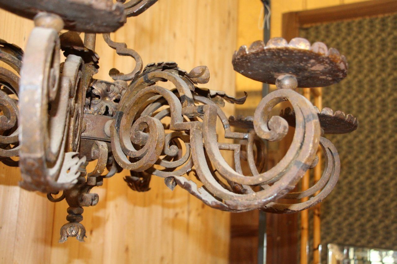 Lighting 19th Century Wrought Iron Chandelier With Coat Of Arms photo