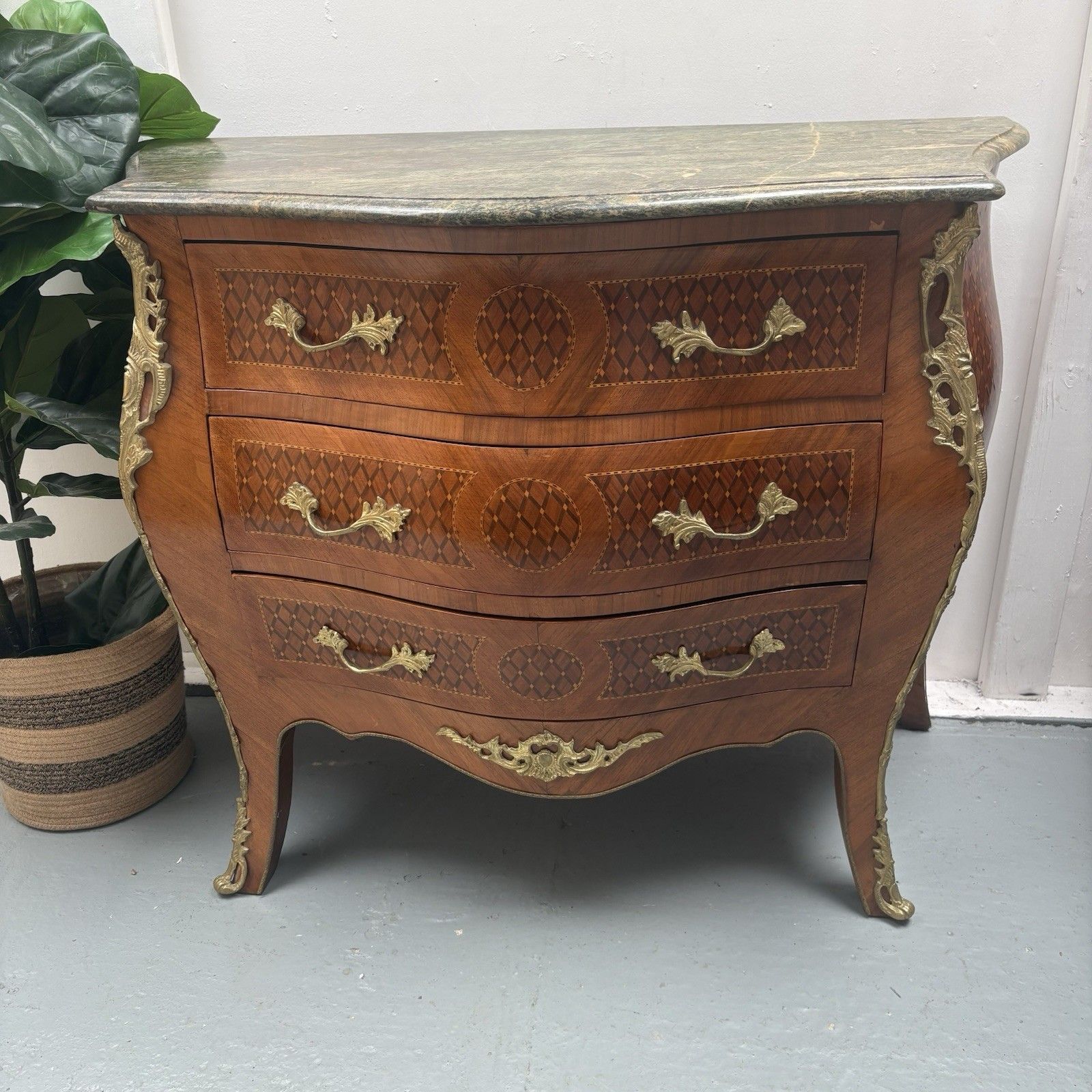 Antique French Louis XV Style Marble Top Bombe Commode Chest Of Three Drawers photo furniture