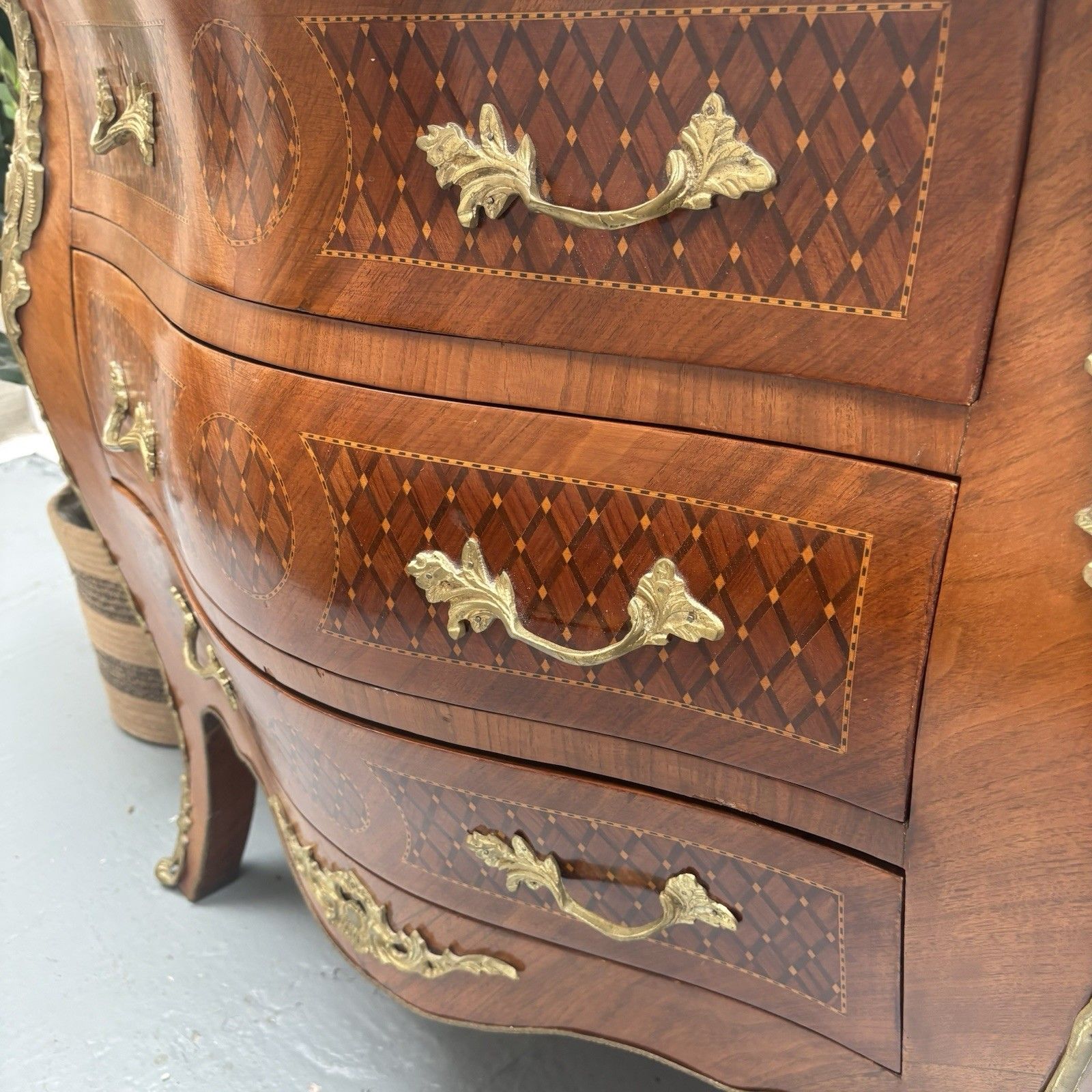 photo for sale Antique French Louis XV Style Marble Top Bombe Commode Chest Of Three Drawers