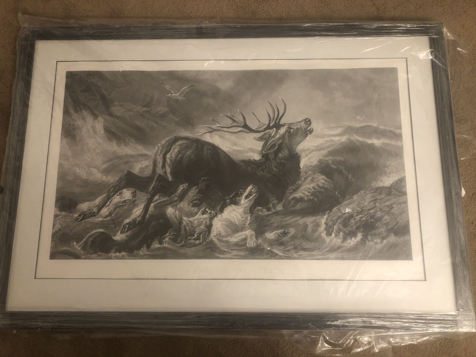 Antique Engraving – The Stag At Bay – Sir Edwin Landseer – 1870–1900 – Original Paris Label – Newly Framed