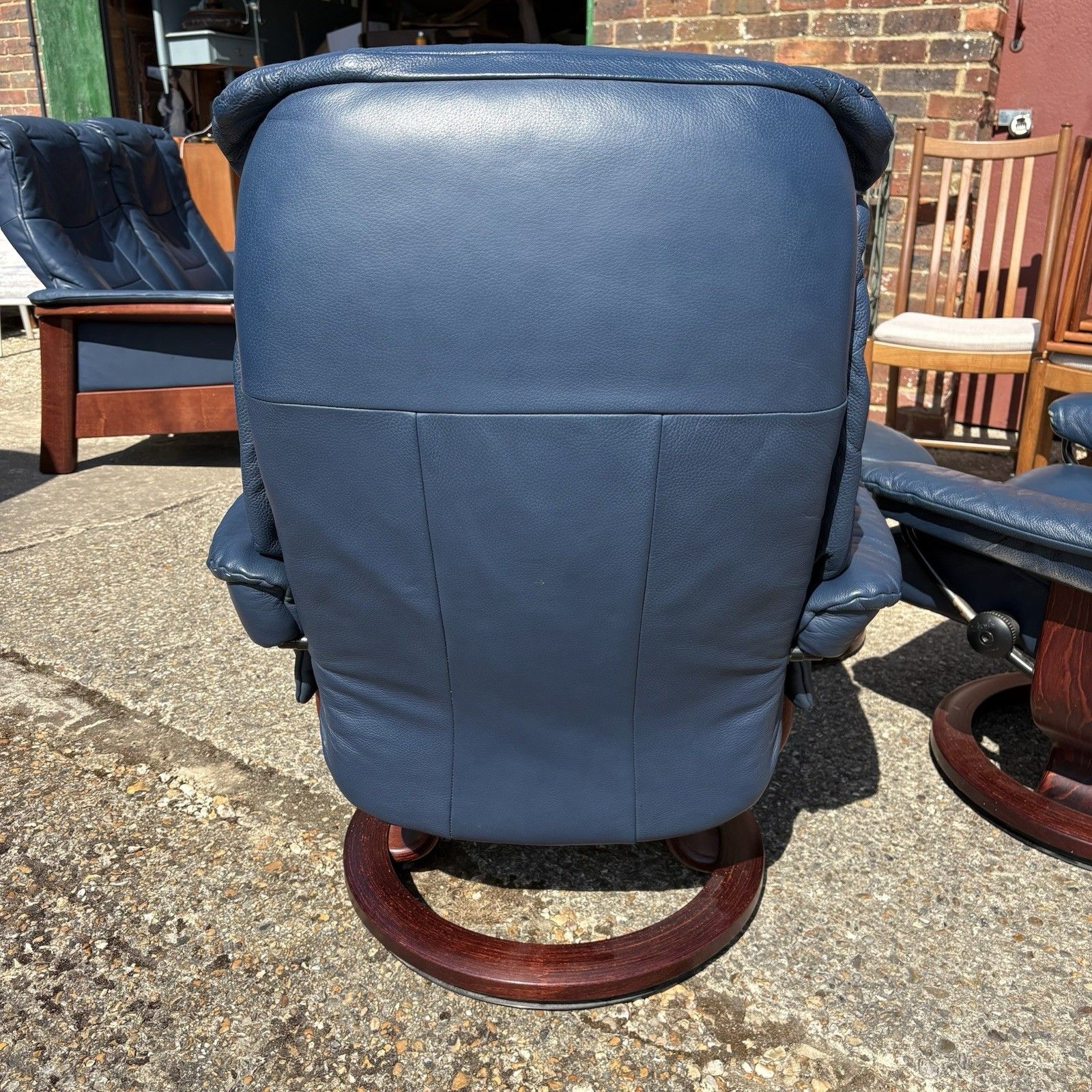Furniture Pair Blue Leather Ekornes Stressless Windsor Teak Frame Recliner Chairs & Stool photo