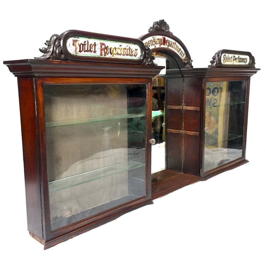 Antique Wooden & Glazed Large Apothecary Chemists Shop Dispensing Cabinet C.1910 photo furniture