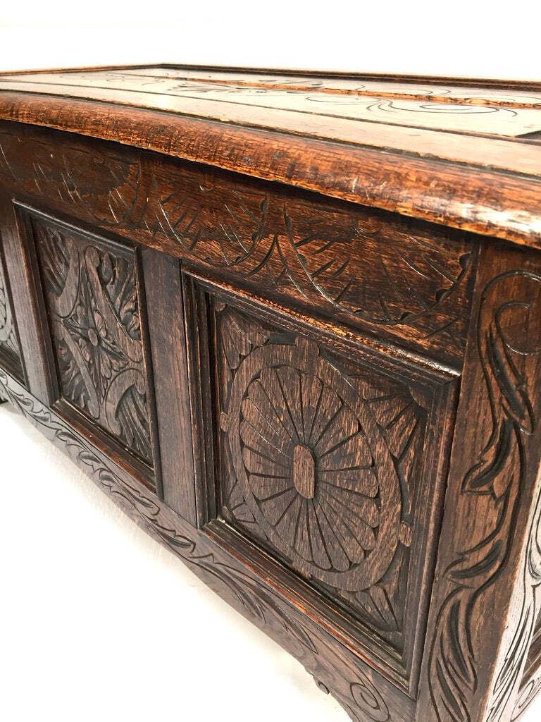 Antique Wooden Oak Hand Craved Panelled Storage Blanket Box / Coffer C.1900 photo for sale