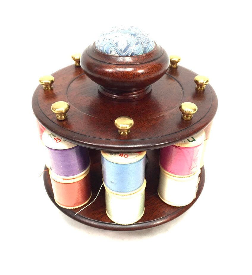 Vintage Mahogany Wood Tabletop Revolving Cotton Spool Reel Holder & Pin Cushion