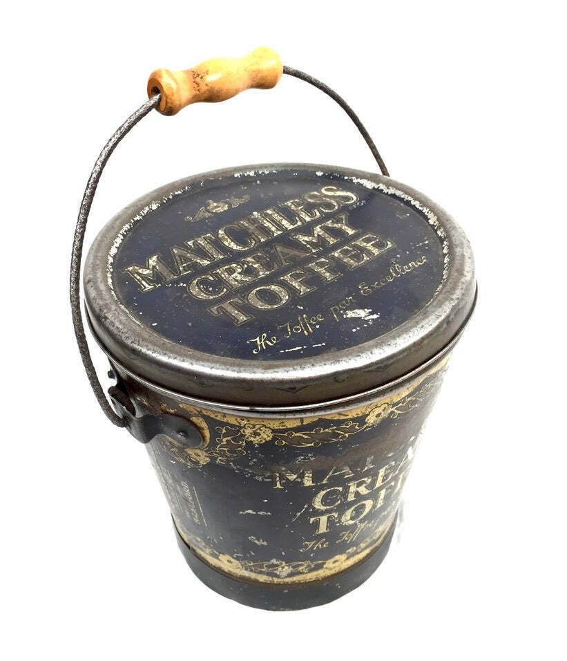 Antique Advertising 1920s J Bottomley & Sons Matchless Creamy Toffee Tin Bucket photo furniture