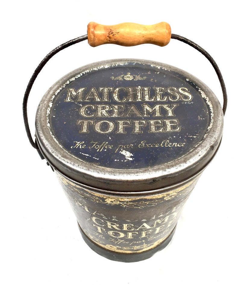 Antique Advertising 1920s J Bottomley & Sons Matchless Creamy Toffee Tin Bucket photo vinterior