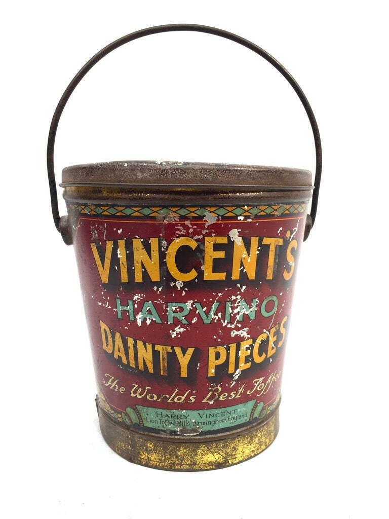 Antique Advertising 1920s Vincents Harvino Dainty Pieces Toffee Tin Bucket Shape photo vinterior