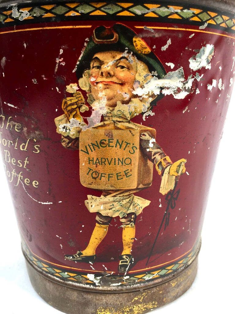 photo for sale Antique Advertising 1920s Vincents Harvino Dainty Pieces Toffee Tin Bucket Shape