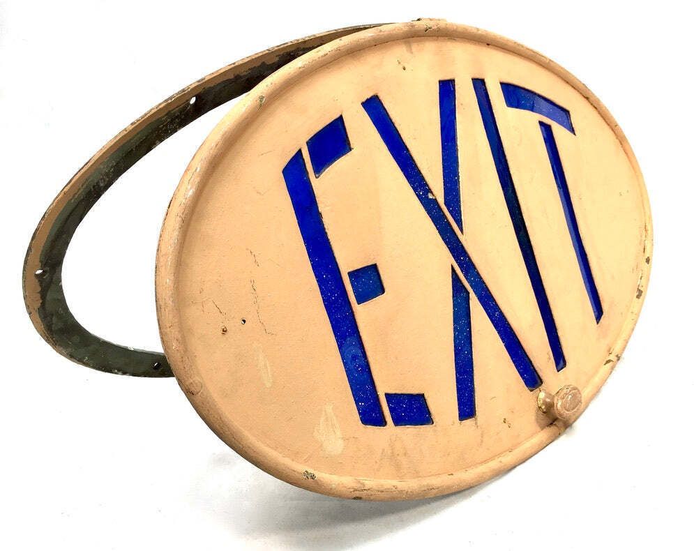 Antique Art Deco Reclaimed / Salvaged Building / Door Exit Sign / Blue C.1930