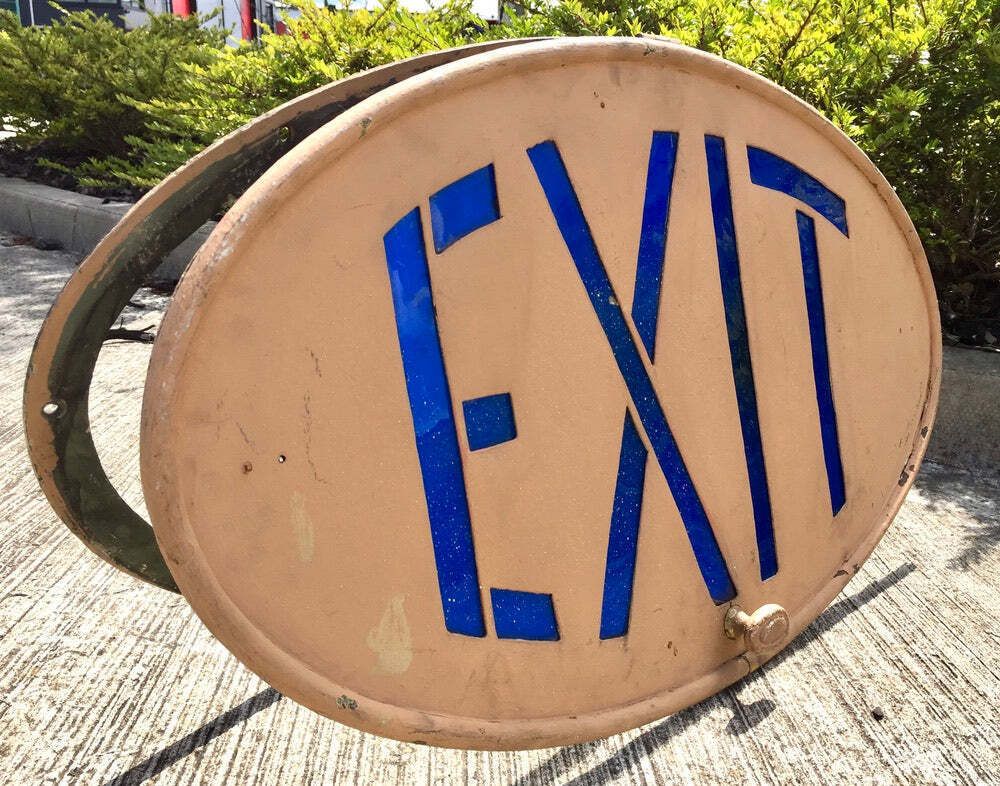 339.0 Antique Art Deco Reclaimed / Salvaged Building / Door Exit Sign / Blue C.1930 photo